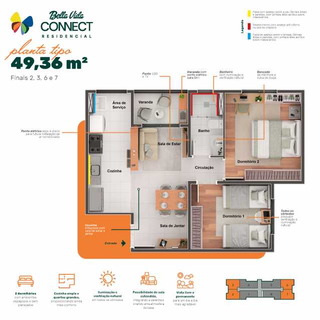 Conheça Planta de 49,36m² do imóvel - Apartamento 2 quartos à venda Jardim Minda, Hortolândia - R$ 264.900 - CLAP20011 - 15 Planta de 49,36m² - 15
