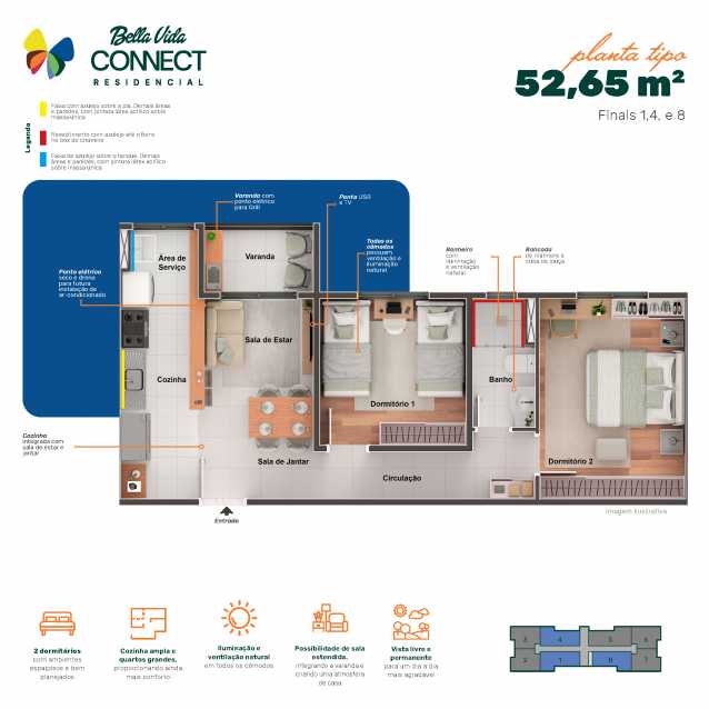 Conheça Planta de 52,65m² do imóvel - Apartamento 2 quartos à venda Jardim Minda, Hortolândia - R$ 280.900 - CLAP20012 - 16 Planta de 52,65m² - 16