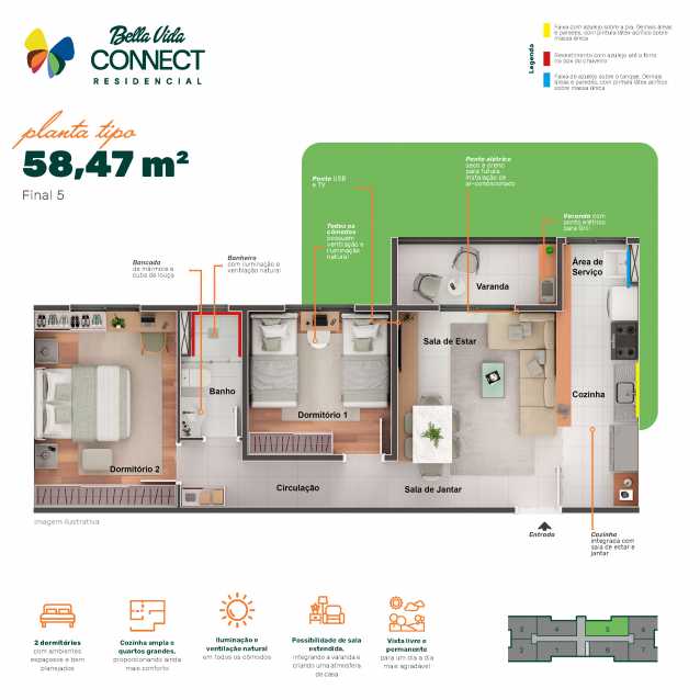 Conheça Planta de 58,47m² do imóvel - Apartamento 2 quartos à venda Jardim Minda, Hortolândia - R$ 298.900 - CLAP20013 - 15 Planta de 58,47m² - 15
