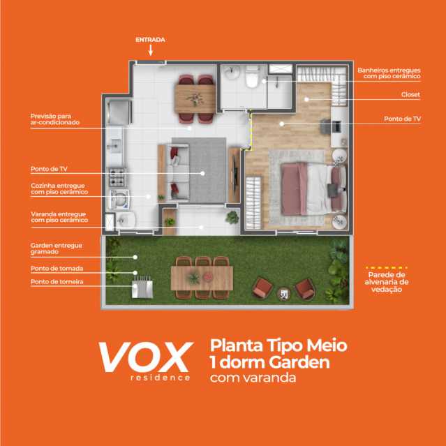 Conheça Vox Planta Meio 1 dormitório do imóvel - Apartamento 2 quartos à venda Jardim Denadai (Nova Veneza), Sumaré - R$ 235.900 - CLAP20016 - 12 Vox Planta Meio 1 dormitório - 12