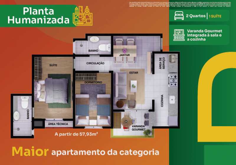 Conheça Planta 57,93m² do imóvel - Apartamento 2 quartos à venda Jardim São Felipe, Hortolândia - R$ 299.000 - CLAP20021 - 9 Planta 57,93m² - 9