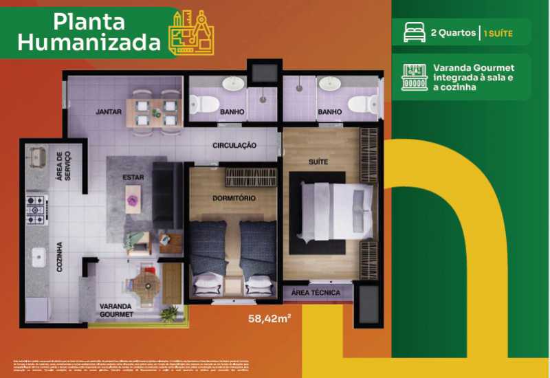 Conheça Planta 58,42m² do imóvel - Apartamento 2 quartos à venda Jardim São Felipe, Hortolândia - R$ 299.000 - CLAP20021 - 10 Planta 58,42m² - 10