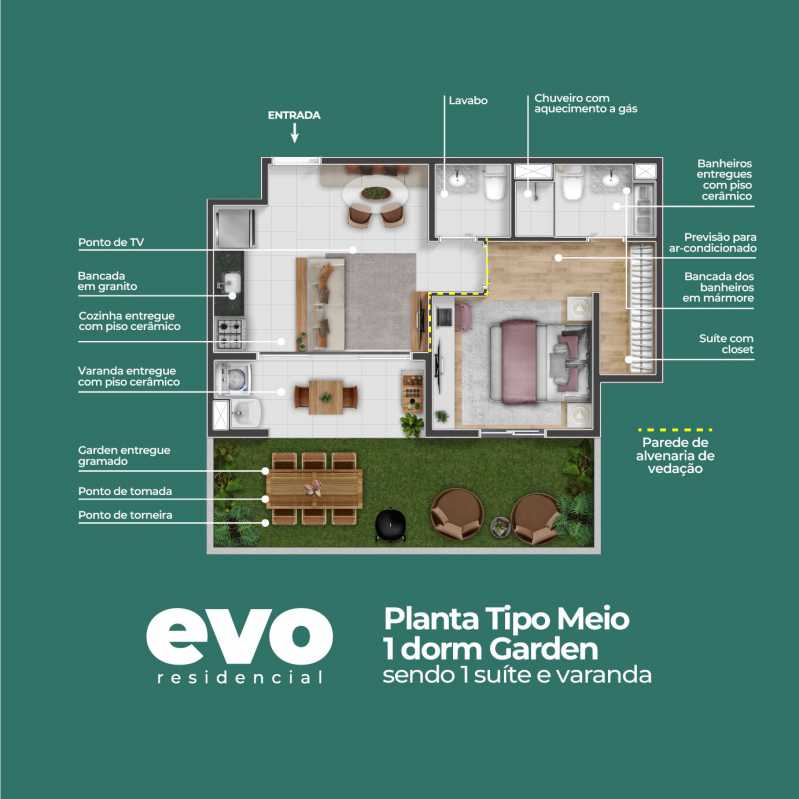 Conheça Evo Planta Meio 1 dorm Garden. do imóvel - Apartamento 2 quartos à venda Jardim Luiz Cia, Sumaré - R$ 264.000 - CLAP20027 - 17 Evo Planta Meio 1 dorm Garden. - 17
