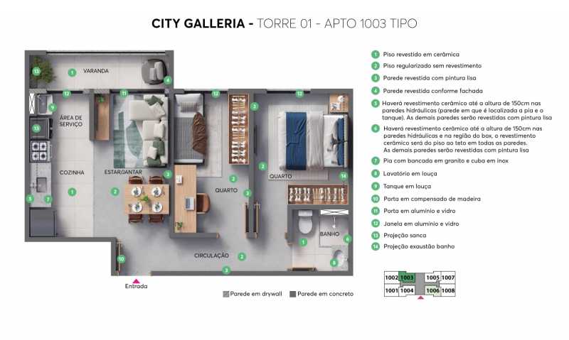 Conheça Planta Torre1 - Apto 1003. do imóvel - Apartamento 2 quartos à venda Residencial Galeria Garden, Campinas - R$ 382.990 - CLAP20034 - 16 Planta Torre1 - Apto 1003. - 16