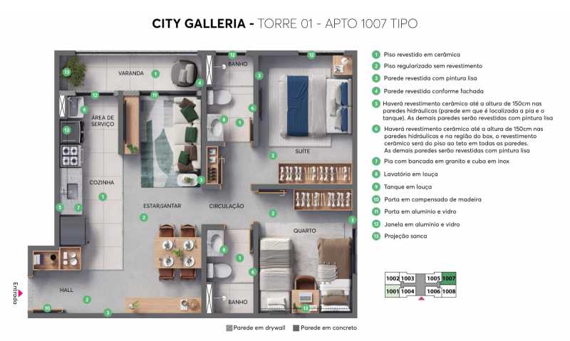 Conheça Planta Torre1 - Apto 1007. do imóvel - Apartamento 2 quartos à venda Residencial Galeria Garden, Campinas - R$ 450.990 - CLAP20037 - 16 Planta Torre1 - Apto 1007. - 16
